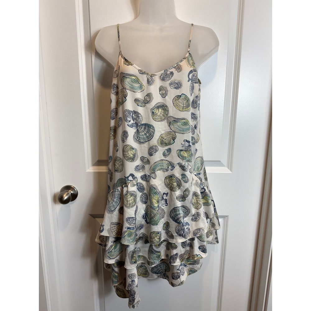 Eloise Womens Seashell Print Tiered Dress Ruffle Mini White Blue Green S Vacay